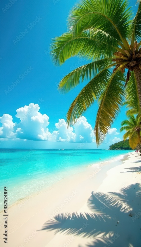 Fototapeta premium Palm-lined beach meets vibrant turquoise sea under sunny sky , background, sea, vacation