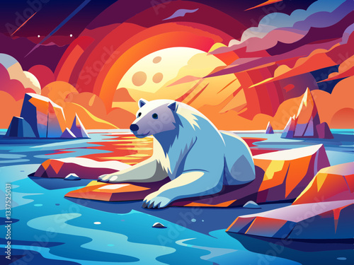 vector of  Polar bear resting on melting ice under a radiant sunset unaware of the imminent threat of climate change and global warming