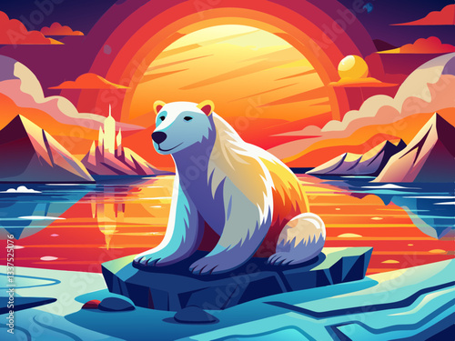 vector of  Polar bear resting on melting ice under a radiant sunset unaware of the imminent threat of climate change and global warming