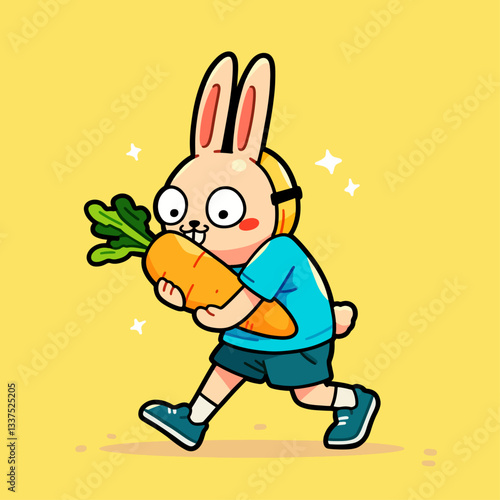 A cute cartoon rabbit character wearing headphones, a blue t-shirt, and shorts, running happily with a giant carrot.