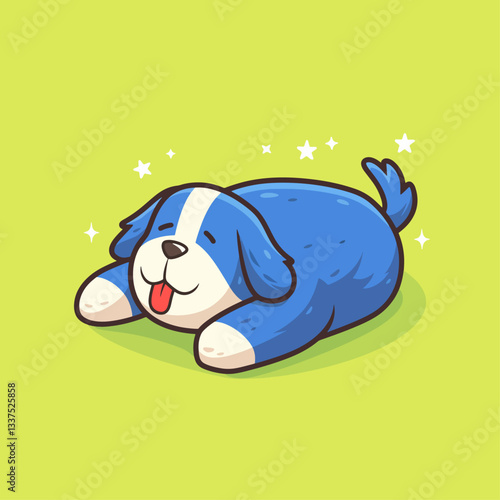 A cute cartoon blue dog happily lying down with its tongue out, surrounded by stars on a green background.