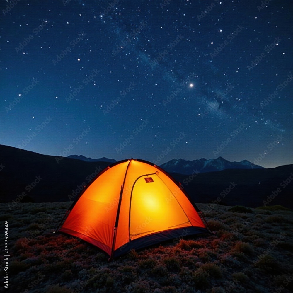 Sleeping bag beside a tent under a starry sky, night sky, summer Sleeping bag beside a tent under a starry sky, night sky, summer