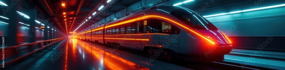 Obraz premium Orange light illuminates advanced train's sleek exterior at night, high-tech, concept, tracks