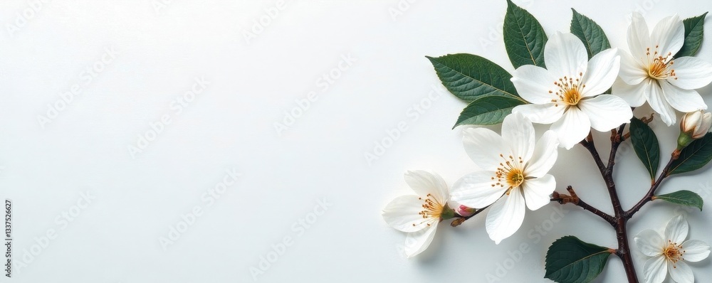 Fototapeta premium White blossoms & gray-green leaves against a heavily textured white surface , nature photography, still life, wallpaper