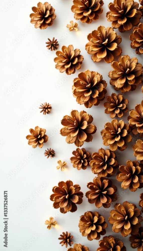 Close-up of lustrous golden pine cones forming a captivating, repeating pattern against a stark white backdrop , top view, gold Close-up of lustrous golden pine cones forming a captivating, repeating pattern against a stark white backdrop , top view, gold