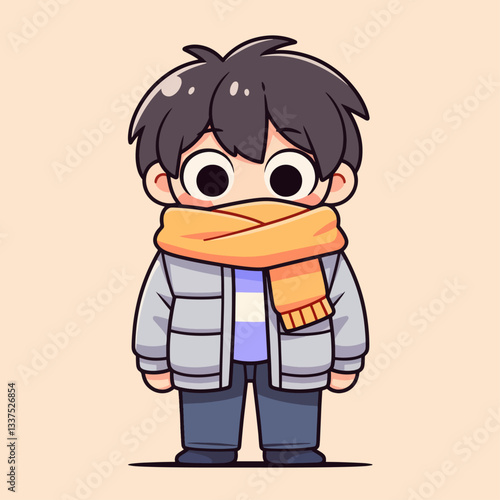 A cute chibi cartoon boy wearing a grey puffer jacket and an orange scarf, standing against a light peach background.