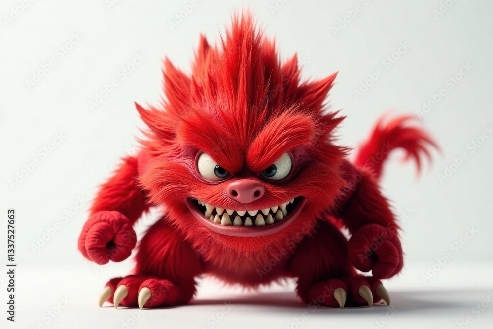 Tufted red monster, furious face, white backdrop, horns, rage, soft Tufted red monster, furious face, white backdrop, horns, rage, soft