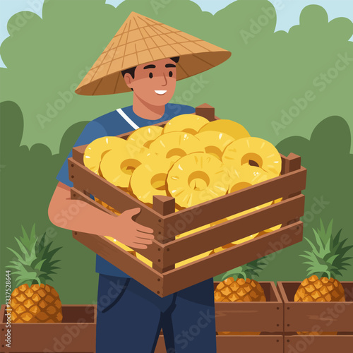 Man Carrying Pineapple Rings in Crate Fresh Fruit Harvest