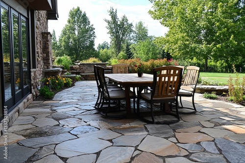 An outdoor patio with a dining table and surrounding landscape