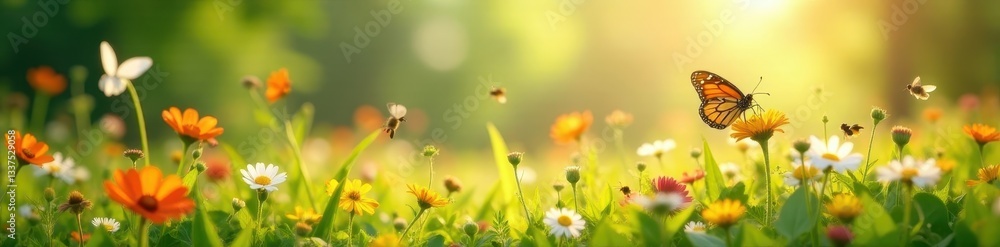 Sunlit meadow teeming with butterflies and buzzing bees , wild, field Sunlit meadow teeming with butterflies and buzzing bees , wild, field