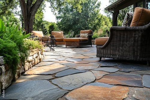 Beautiful outdoor patio area with stone flooring and comfortable seating