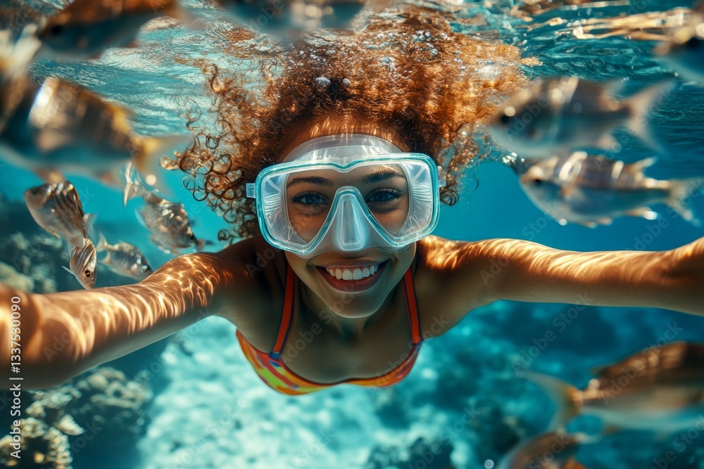Naklejka premium Dream holiday on a tropical island. A dense school of silver fish swims next to her. Bright commercial style image. Fun in the sun snorkeling. Serene ocean escape. Woman exploring the sea fl.