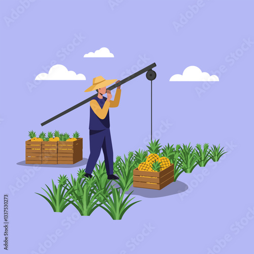 Pineapple Harvest Farmer Using Pulley System in Field Illustration