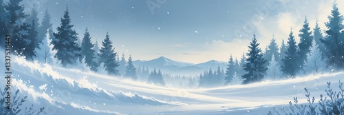 Wallpaper Mural Serene winter landscape with snow-covered trees and distant mountains in soft light Torontodigital.ca