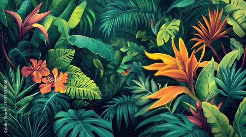 Fototapeta Naklejka Na Ścianę i Meble -  Lush Tropical Paradise Vibrant Jungle Foliage and Exotic Flowers