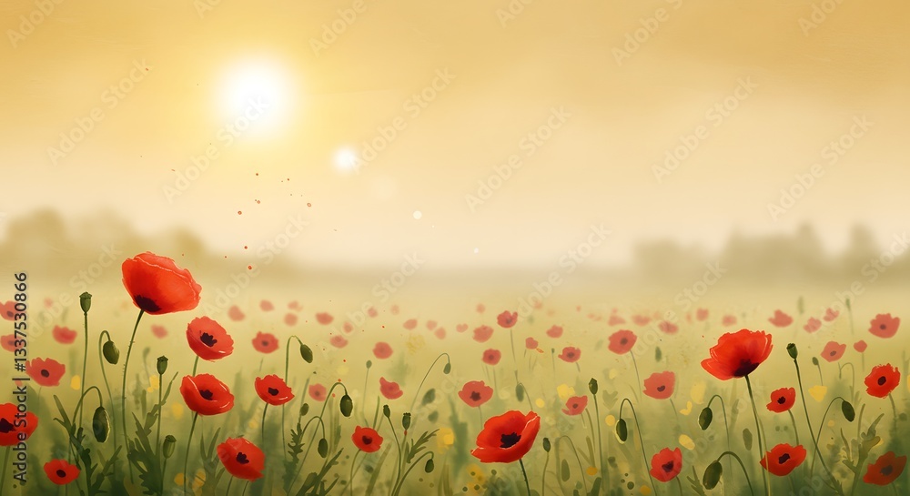 Fototapeta premium Vibrant Poppy Field Illustration at Sunrise Offering a Sense of Peace