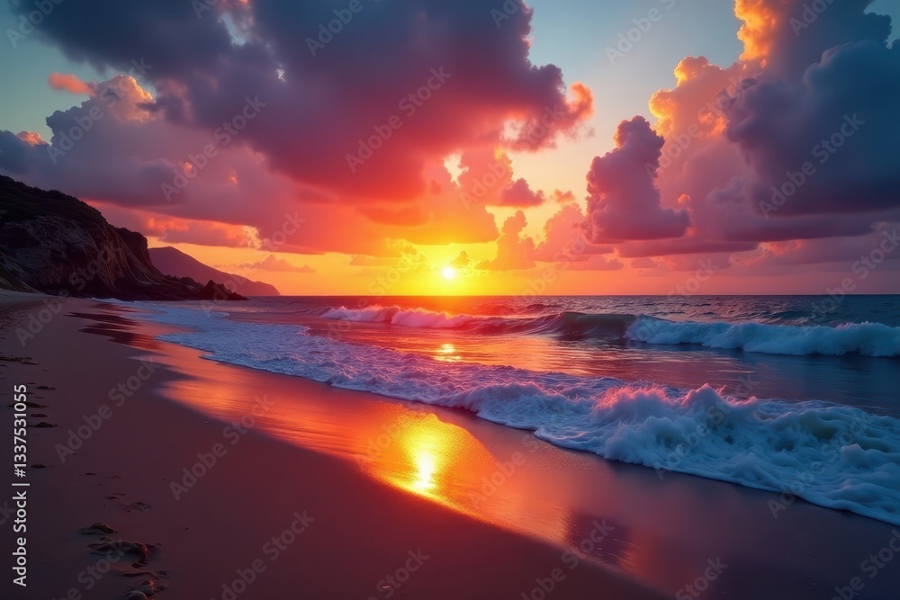 Fiery sunset casts long shadows, waves pound sandy beach at twilight , twilight, coastal, shadow Fiery sunset casts long shadows, waves pound sandy beach at twilight , twilight, coastal, shadow