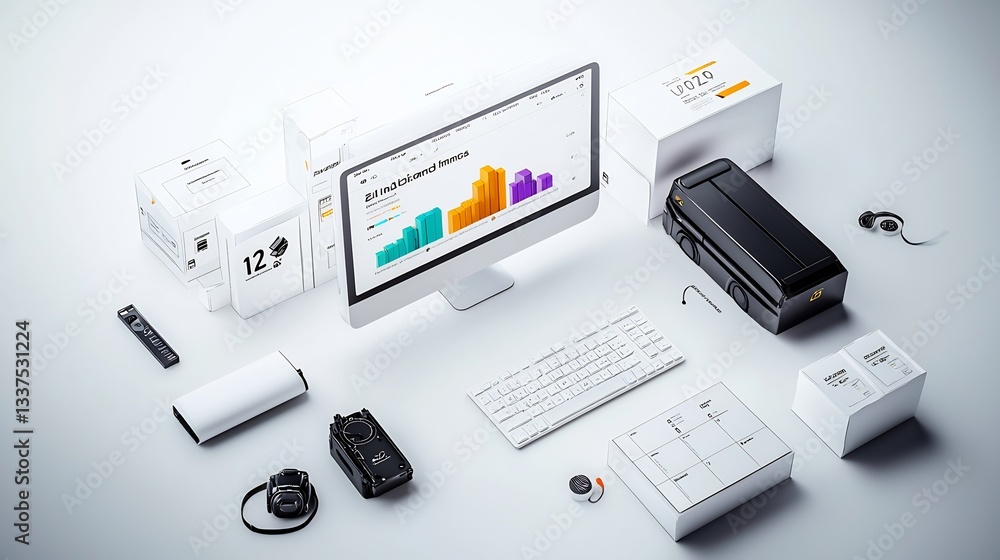 Modern workspace mock-up with digital devices, charts, and accessories. Modern workspace mock-up with digital devices, charts, and accessories.