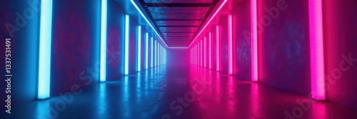 Converging neon beams illuminate futuristic hallway, colors, tunnel, beams