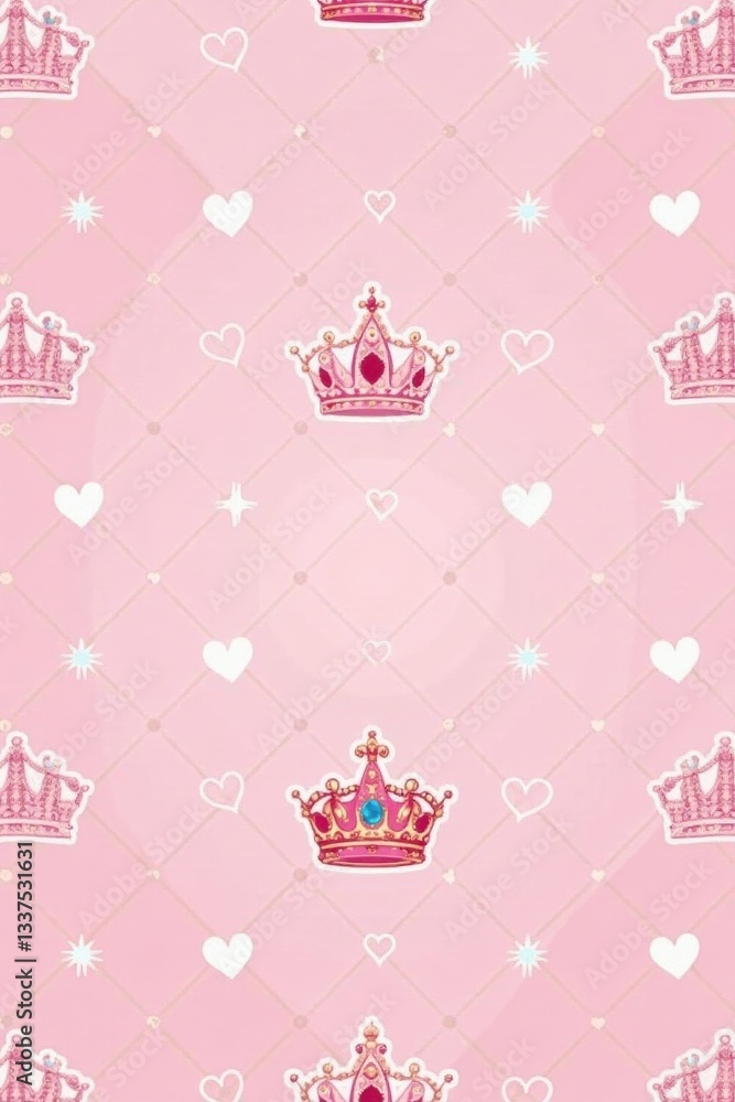 Fototapeta premium Delicate pink princess repeat pattern Crown, star, diamond, heart motifs , pink, texture, digital