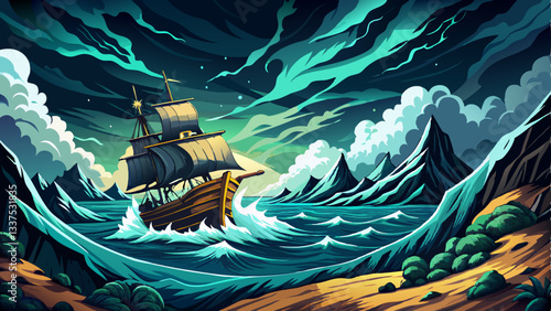 vector of stormy sea with massive waves crashing against a weathered pirate ship, dark clouds looming overhead, and lightning illuminating the horizon.
