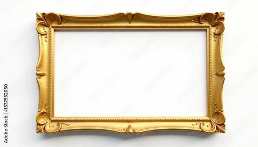 Elegant gold frame isolated on white backdrop, shiny, gold leaf, object Elegant gold frame isolated on white backdrop, shiny, gold leaf, object