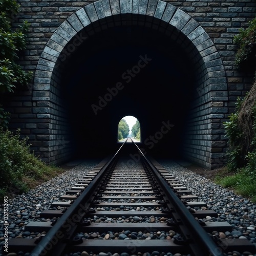 Dark tunnel entrance, railroad tracks disappear into blackness , infrastructure, perspective