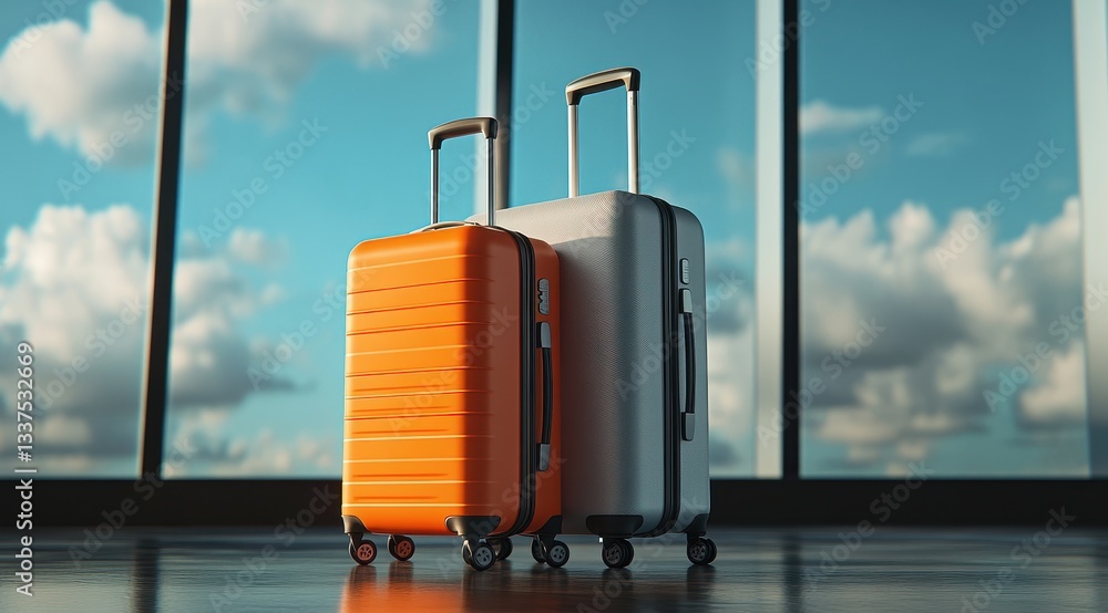 Two modern suitcases in a bright airport terminal setting. Two modern suitcases in a bright airport terminal setting.