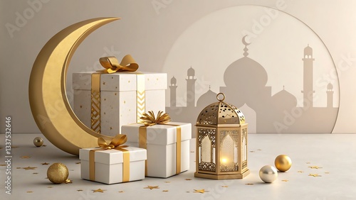 Elegant Gifts And A Golden Crescent Moon Celebrate Eid Al-fitr Against A Backdrop Of A Mosque Silhouette, Bathed In Warm, Soft Light photo