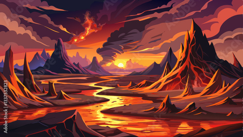 vector of barren volcanic landscape with steaming lava flows, blackened rock formations, and a crimson sky glowing with molten light
