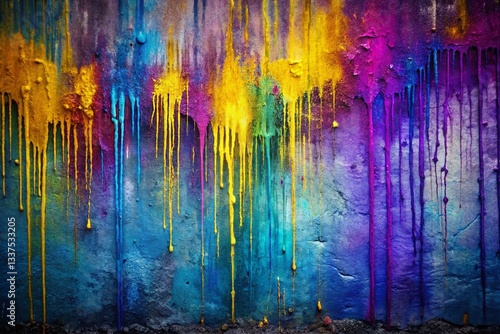 Abstract Urban Grunge Wall: Blue, Purple, Yellow Paint Drips & Splashes on Cement Stucco