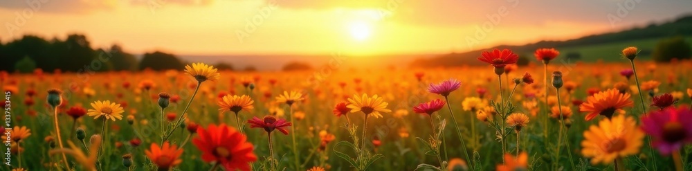 Golden hour sun bathes vibrant wildflowers in a vast field , warm, image, nature photography Golden hour sun bathes vibrant wildflowers in a vast field , warm, image, nature photography