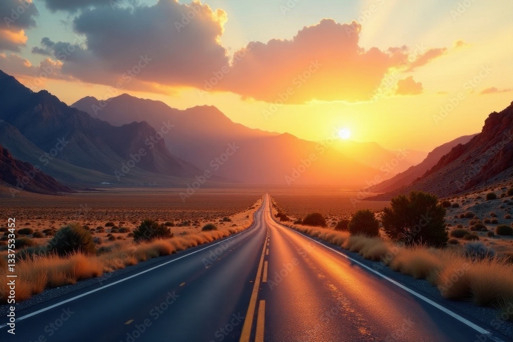 Fototapeta premium Golden hour light bathes desert road, majestic mountains at horizon , rocks, countryside