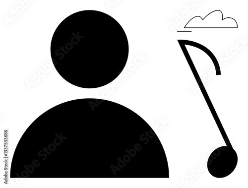 Minimalist black figure symbolizing a person beside a musical note and small cloud. Ideal for creativity, music, individuality, art, simplicity, expression, conceptual flat simple metaphor
