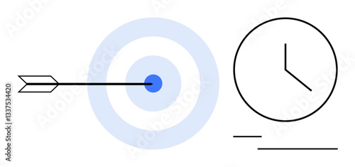 Arrow striking bullseye target next to clock signifying timely goal achievement. Ideal for success, accuracy, time management, focus, productivity, planning, efficiency. Flat simple metaphor