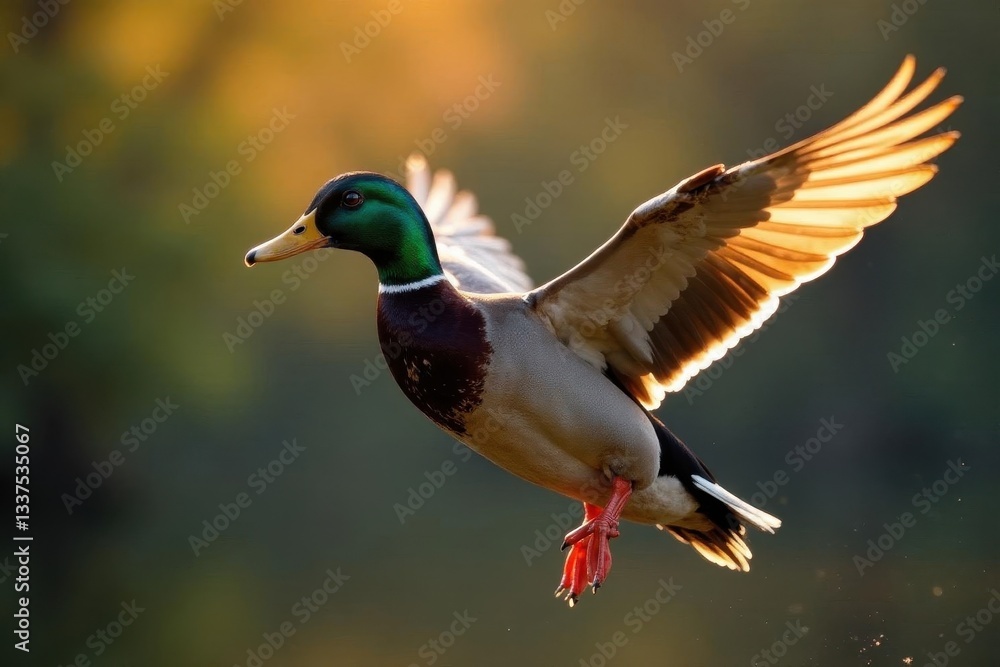 Obraz premium Mallard drake soaring, sunlight reflecting on feathers, light, golden hour