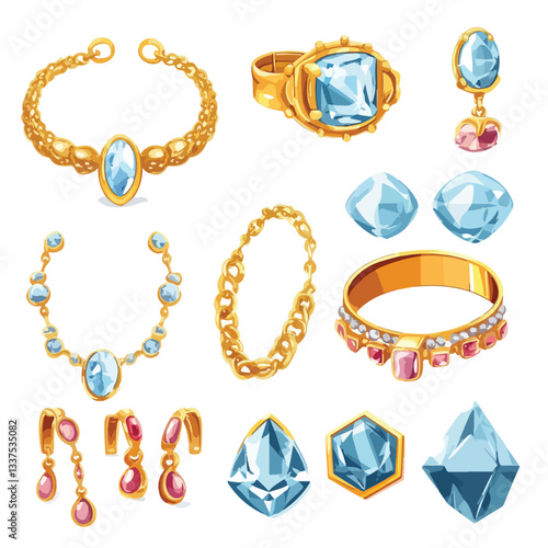 Stylish Jewelry Cartoon Vector Set for Gold Earrings and Bracelets