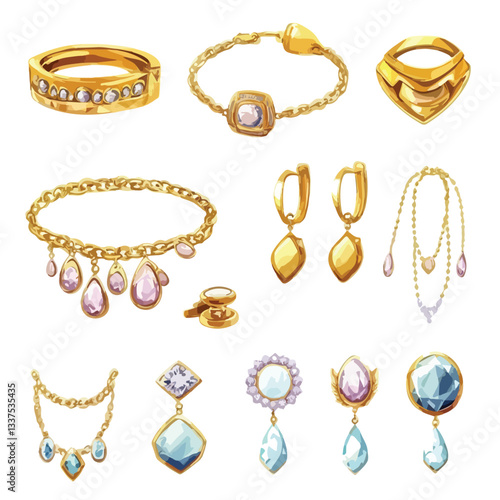 Stylish Jewelry Cartoon Vector Set for Gold Earrings and Bracelets