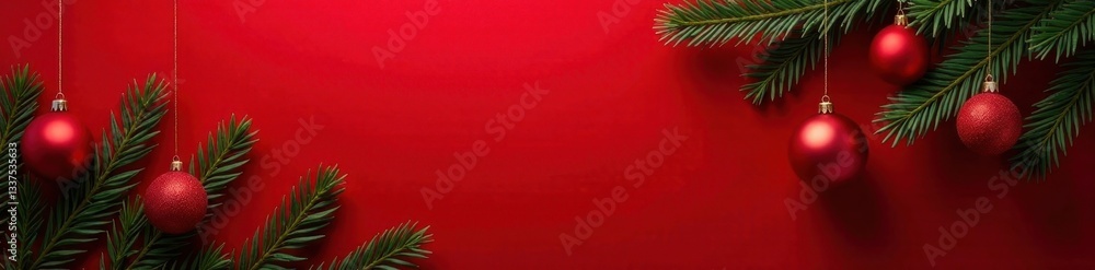 Red backdrop, fir branch, ornaments, blank space, winter, christmas design, winter backdrop Red backdrop, fir branch, ornaments, blank space, winter, christmas design, winter backdrop