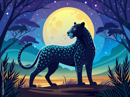 vector of  A leopard's silhouette against a moonlit sky, its sleek form exuding an aura of mystery and danger.