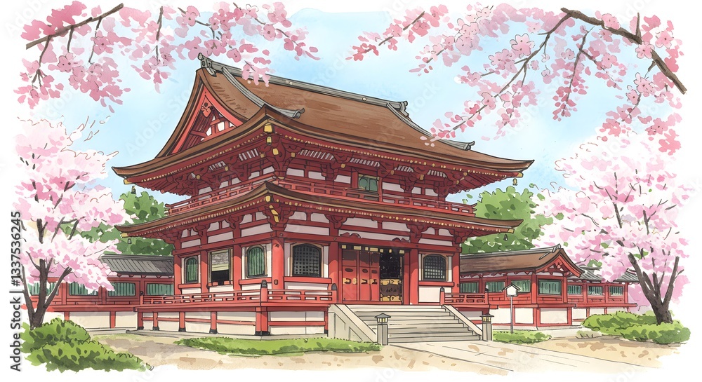 Visiting Pagoda Temple in Spring with Cherry Blossoms Bloom