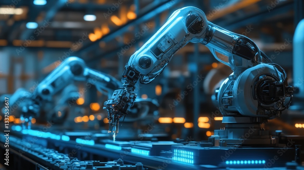Robotic arms working in a modern industrial factory environment Robotic arms working in a modern industrial factory environment