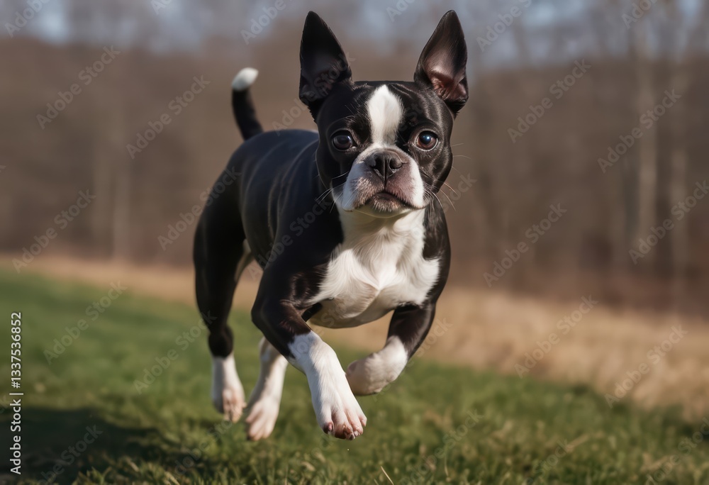 Fototapeta premium boston terrier adorable doggy running in the countryside, purebred pet playing outdoor in the meadown