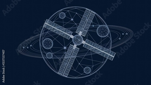 Fototapeta Naklejka Na Ścianę i Meble -  Abstract image of a Orbital space station in the form of a starry sky or space, consisting of points, lines, and shapes in the form of planets, stars and the universe. Vector business concept 