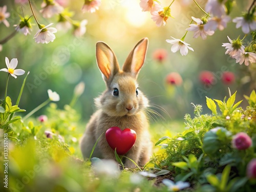 Adorable Bunny with Heart, Surrounded by Love: Panoramic Spring Photo