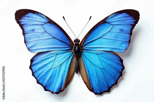 Single blue morpho butterfly, sharp detail, pure white backdrop , insect, studio shot, invertebrate