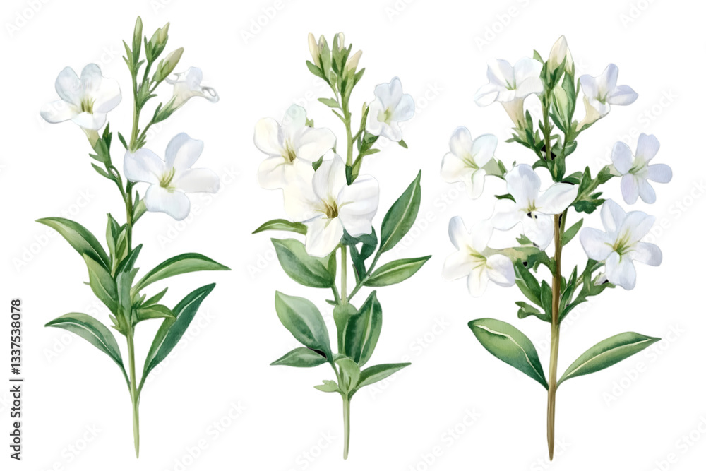 Fototapeta premium Three Branches of White Flowers with Green Leaves Isolated on Transparent Background Detailed Botanical Illustration of Blooming Flowers for Decoration