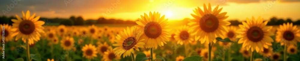 Obraz premium Vibrant sunflowers in a field bathed in golden sunlight, macro, flora