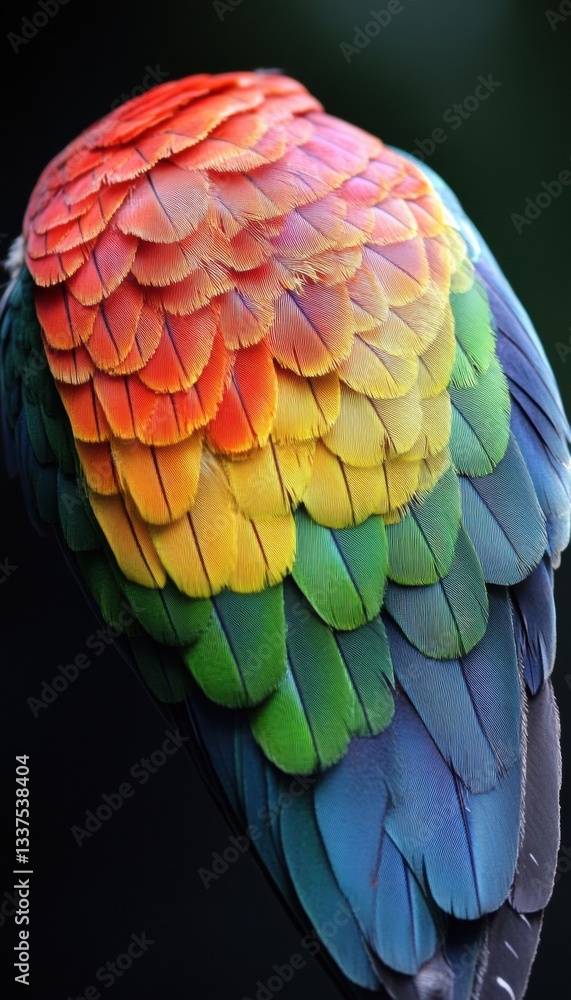 Obraz premium Vibrant bird feathers in a spectrum of colors, from fiery orange to deep teal.