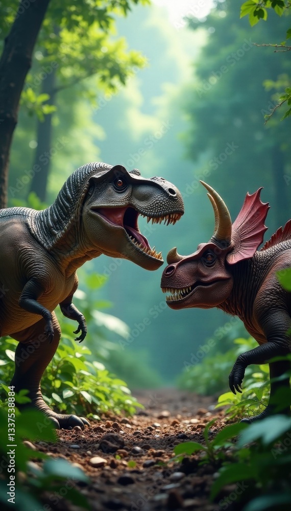 Obraz premium Tyrannosaurus Rex vs Triceratops, prehistoric clash in vibrant jungle, herbivore, jurassic, landscape